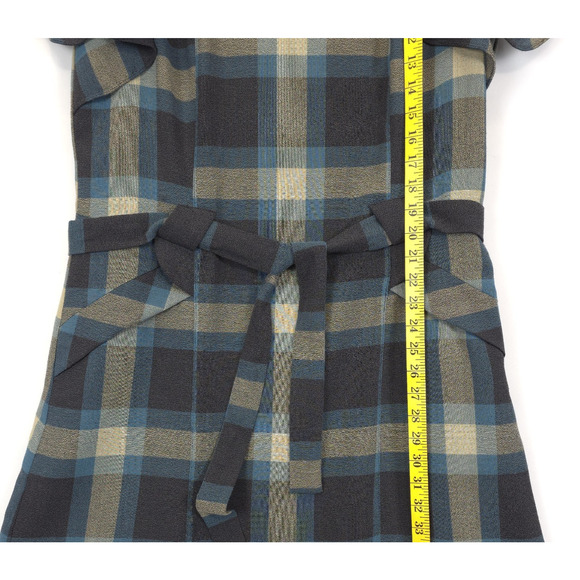 Nine West Shift Dress Plaid Gray Teal Belted Pedal Sleeves Women 14 Academia - Picture 8 of 15